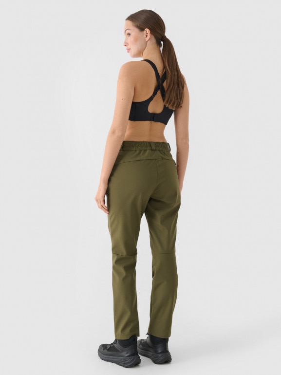 Damskie spodnie trekkingowe softshell 4F 4FRAW24TFTRF1007 - oliwkowe/khaki