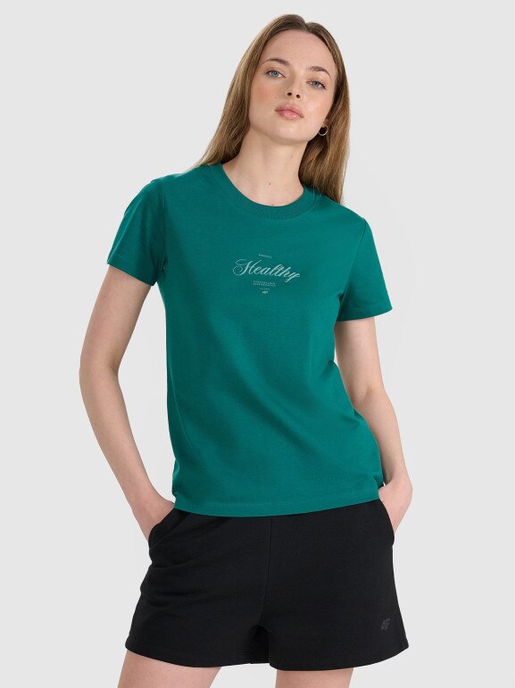 Damski t-shirt z nadrukiem 4F 4FRSS25TTSHF2780 - turkusowy