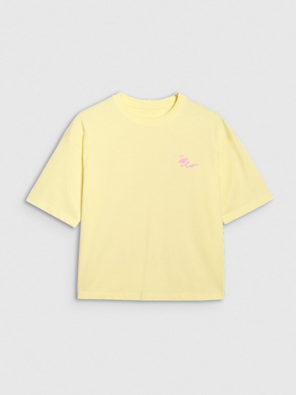 Damski t-shirt oversize z nadrukiem 4F 4FRSS25TTSHF2787 - żółty