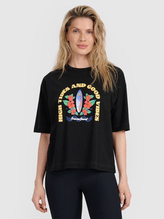 Damski t-shirt z nadrukiem oversize 4F 4FRSS25TTSHF3159 - czarny