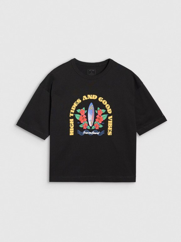 Damski t-shirt z nadrukiem oversize 4F 4FRSS25TTSHF3159 - czarny