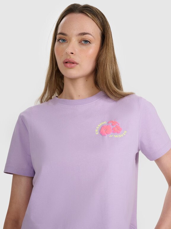 Damski t-shirt oversize z nadrukiem 4F 4FRSS25TTSHF3160 - fioletowy