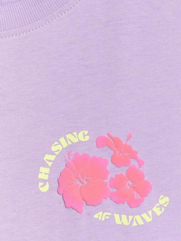 Damski t-shirt oversize z nadrukiem 4F 4FRSS25TTSHF3160 - fioletowy