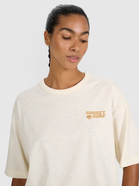 Damski t-shirt oversize z nadrukiem 4F 4FRSS25TTSHF3161 - beżowy