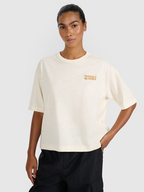 Damski t-shirt oversize z nadrukiem 4F 4FRSS25TTSHF3161 - beżowy