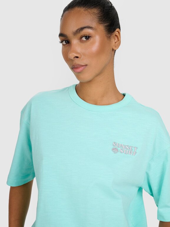 Damski t-shirt oversize z nadrukiem 4F 4FRSS25TTSHF3161 - turkusowy
