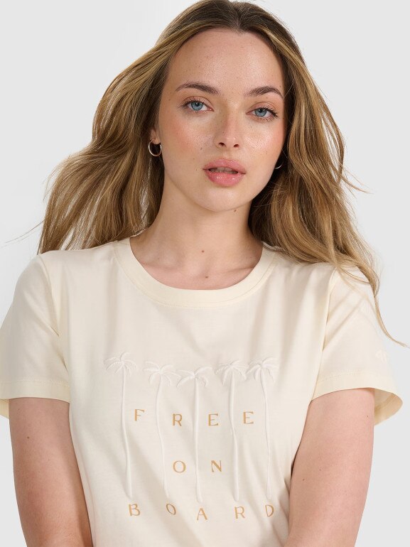Damski t-shirt z nadrukiem 4F 4FRSS25TTSHF3162 - beżowy