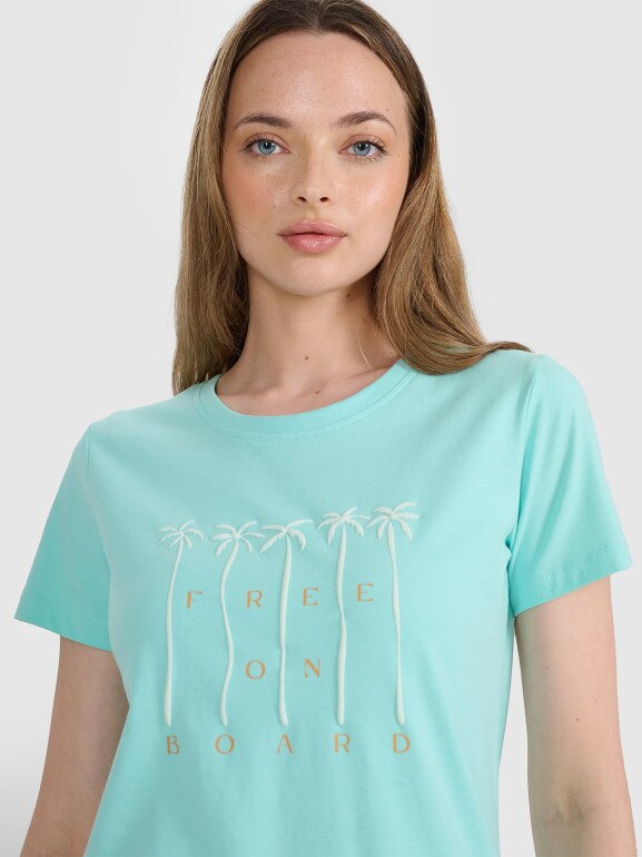 Damski t-shirt z nadrukiem 4F 4FRSS25TTSHF3162 - turkusowy