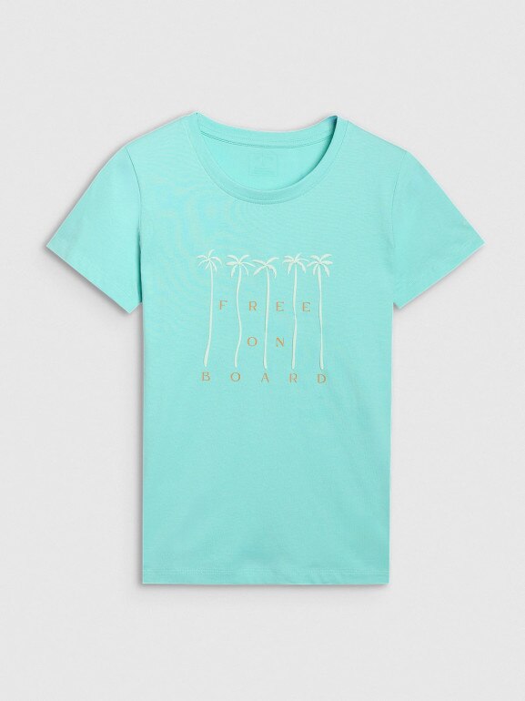 Damski t-shirt z nadrukiem 4F 4FRSS25TTSHF3162 - turkusowy