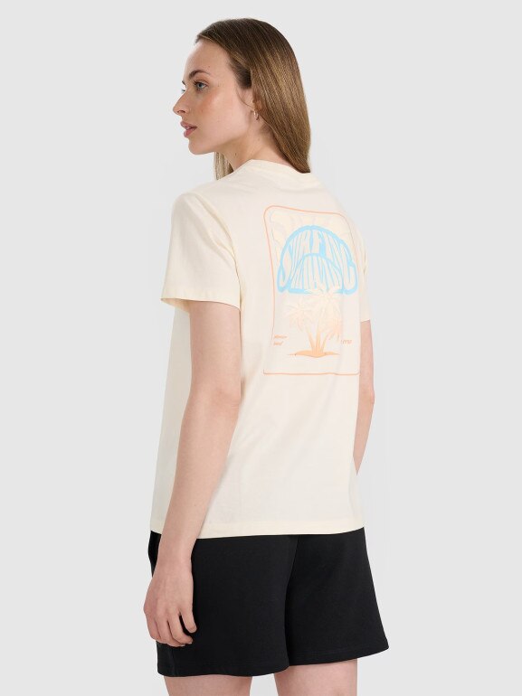 Damski t-shirt oversize z nadrukiem 4F 4FRSS25TTSHF3163 - beżowy