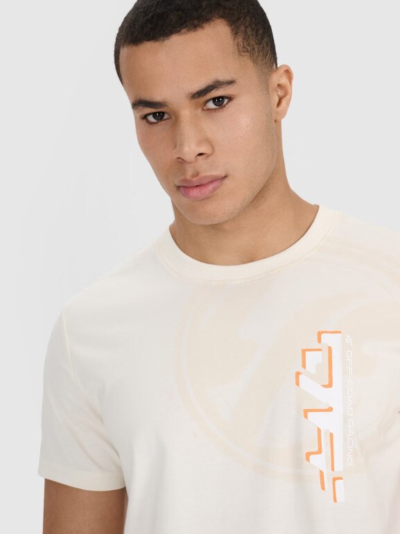 Męski t-shirt z nadrukiem 4F 4FRSS25TTSHM3002 - beżowy