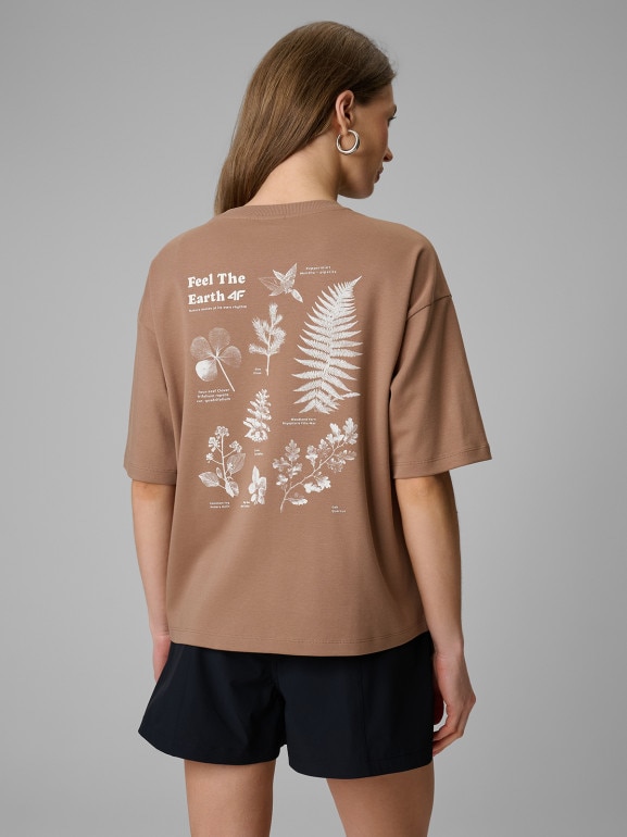 Damski t-shirt z nadrukiem 4F 4FRSS26TTSHF3704 - beżowy