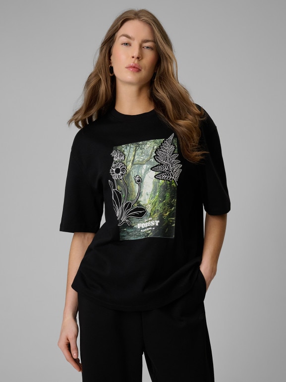 Damski t-shirt z nadrukiem 4F 4FRSS26TTSHF3706 - czarny