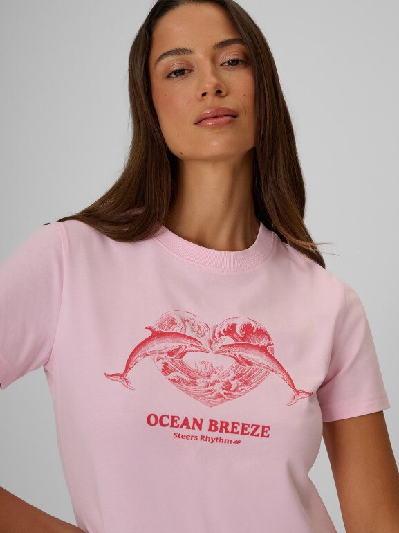 Damski t-shirt z nadrukiem 4F 4FRSS26TTSHF4019 - różowy
