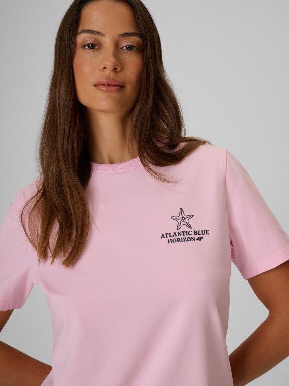 Damski t-shirt z nadrukiem 4F 4FRSS26TTSHF4021 - różowy