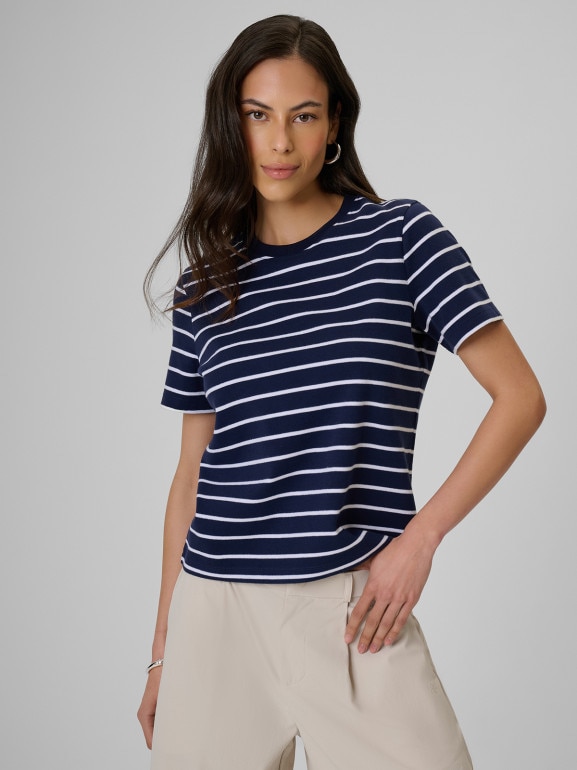 Damski t-shirt w paski 4F 4FRSS26TTSHF4023 - granatowy