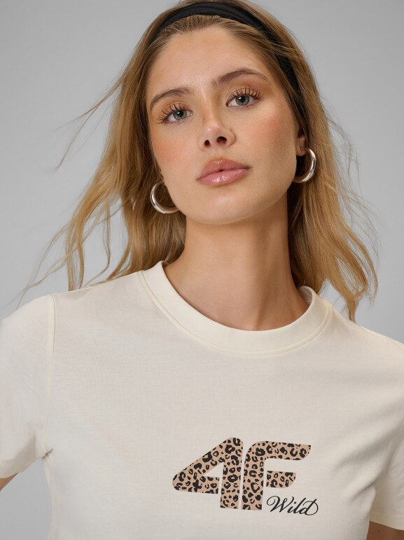 Damski t-shirt z nadrukiem 4F 4FRSS26TTSHF4422 - kremowy