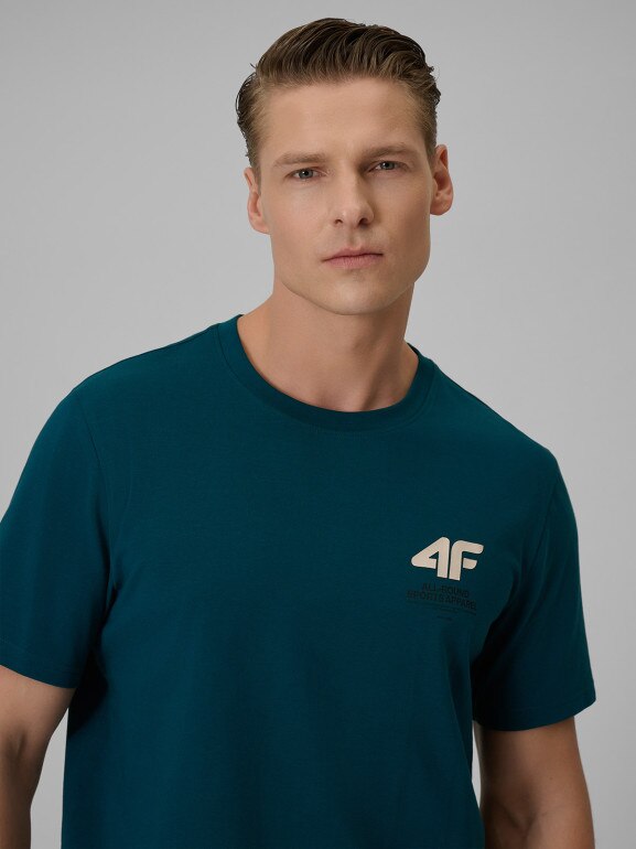 Męski t-shirt z nadrukiem 4F 4FRSS26TTSHM3990 - turkusowy