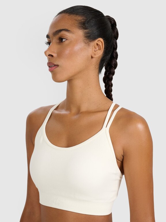 Damski biustonosz treningowy 4F 4FWAW25USBAF218 - beżowy