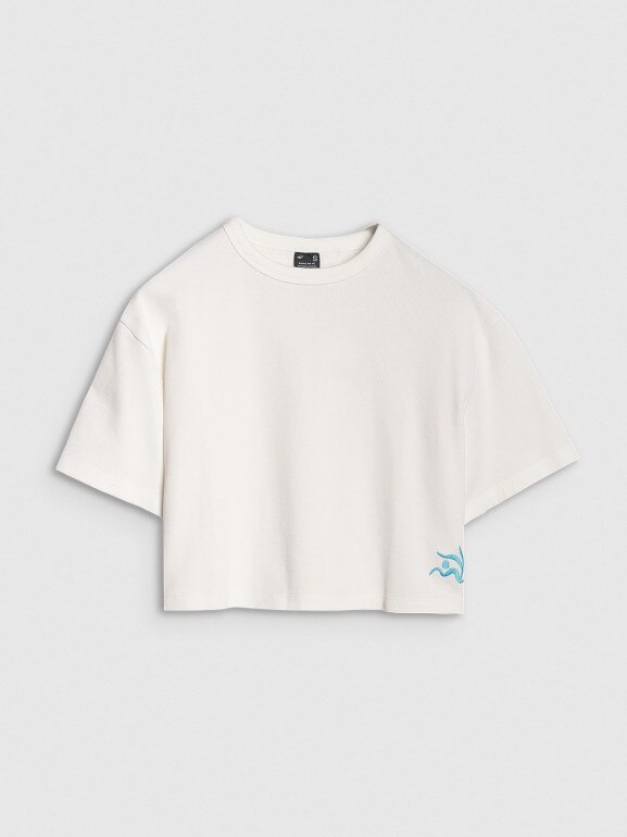 Damski t-shirt crop top 4F 4FWSS25TTSHF1977 - biały