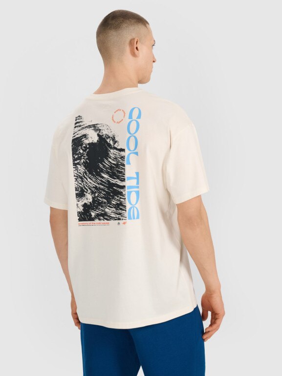 Męski t-shirt oversize z nadrukiem 4F 4FWSS25TTSHM1985 - beżowy