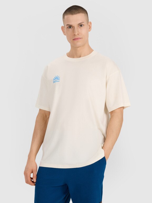 Męski t-shirt oversize z nadrukiem 4F 4FWSS25TTSHM1985 - beżowy