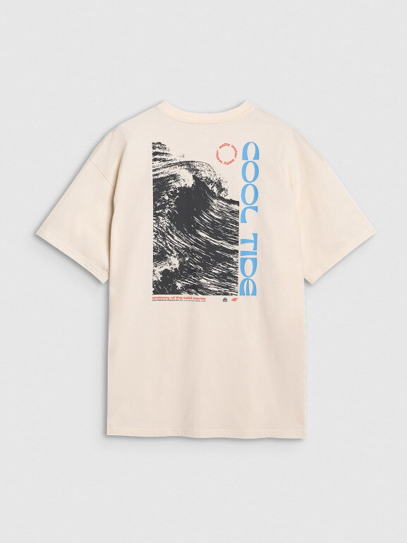 Męski t-shirt oversize z nadrukiem 4F 4FWSS25TTSHM1985 - beżowy
