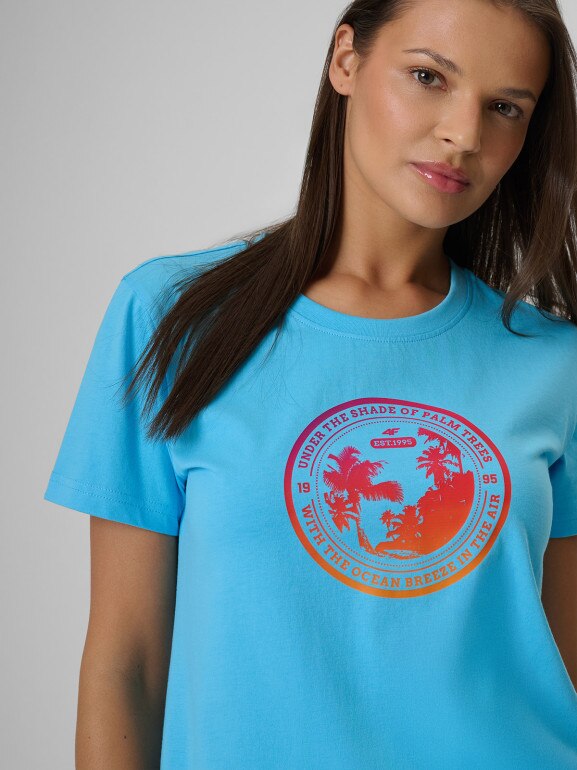 Damski t-shirt z nadrukiem 4F 4FWSS26TTSHF2718 - niebieski