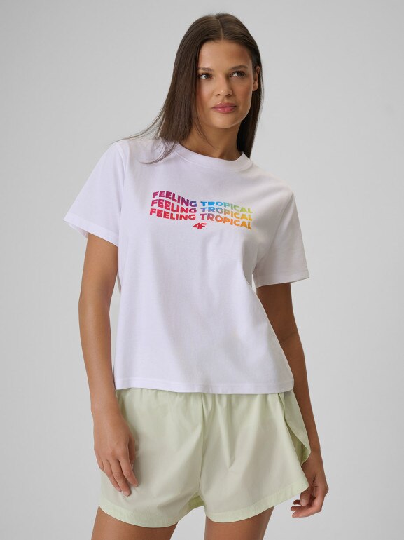 Damski t-shirt z nadrukiem 4F 4FWSS26TTSHF2720 - biały