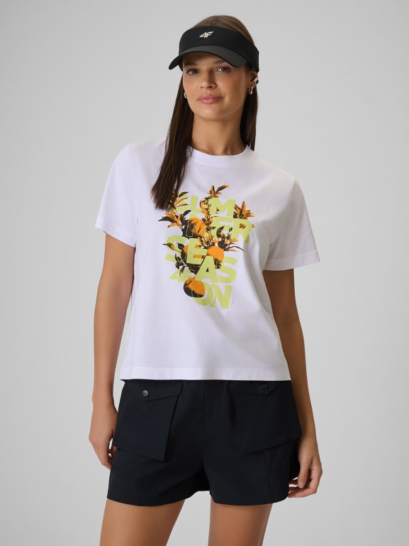 Damski t-shirt z nadrukiem 4F 4FWSS26TTSHF2721 - biały