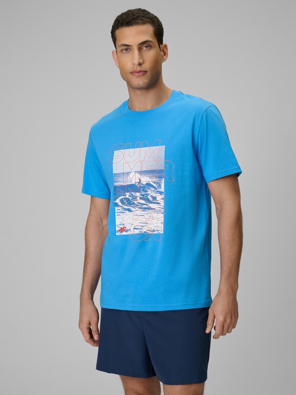 Męski t-shirt z nadrukiem 4F 4FWSS26TTSHM2783 - niebieski
