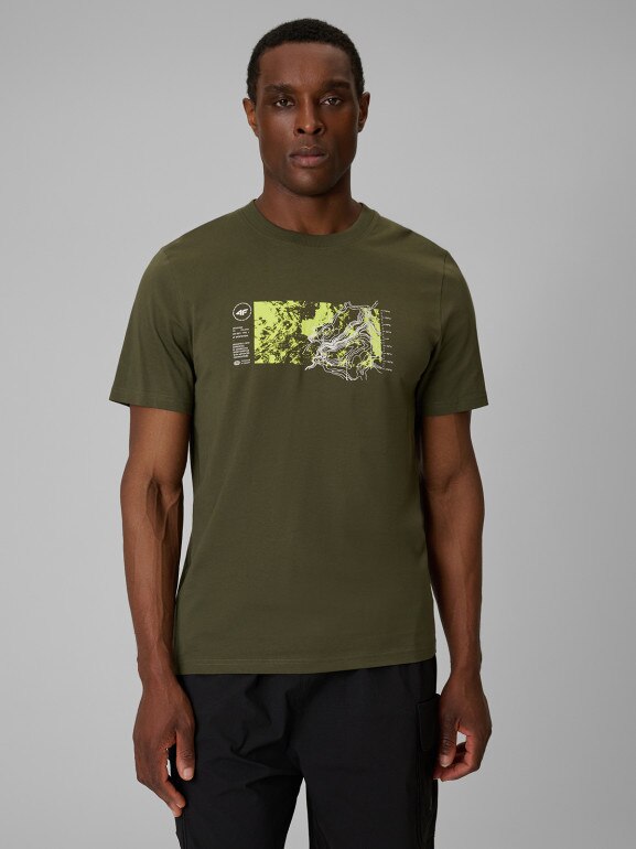 Męski t-shirt z nadrukiem 4F 4FWSS26TTSHM2823 - khaki