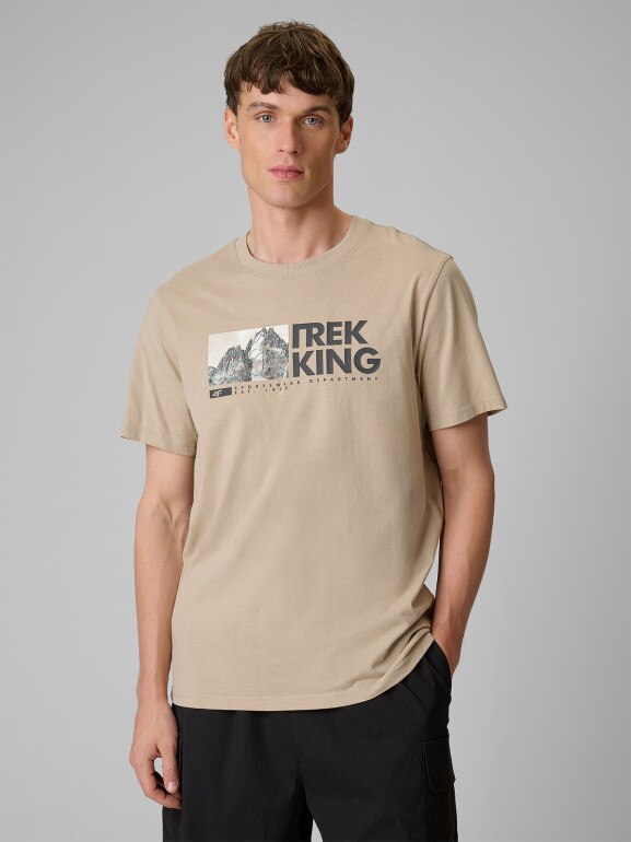 Męski t-shirt z nadrukiem 4F 4FWSS26TTSHM3321 - beżowy