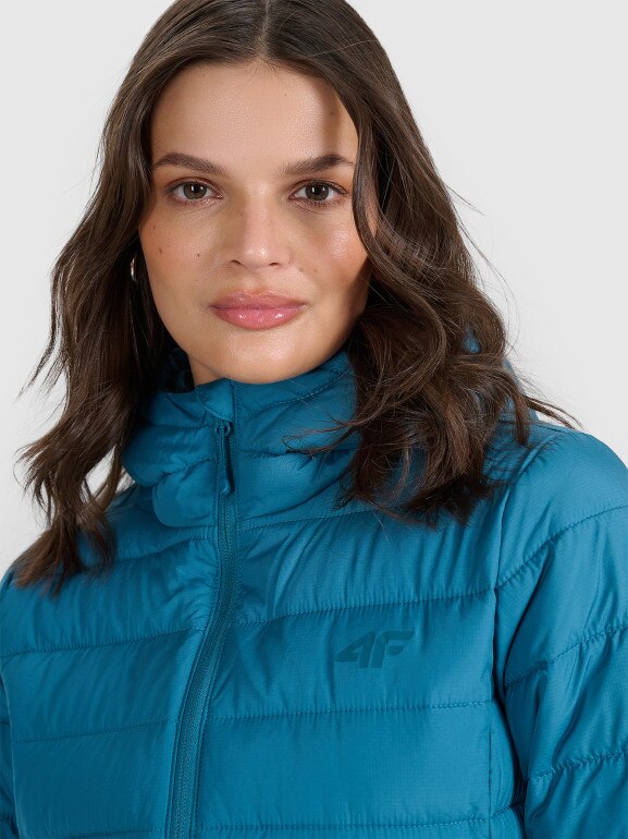 Damska kurtka puchowa pikowana 4F 4FWAW25TDJAF580 - turkusowa