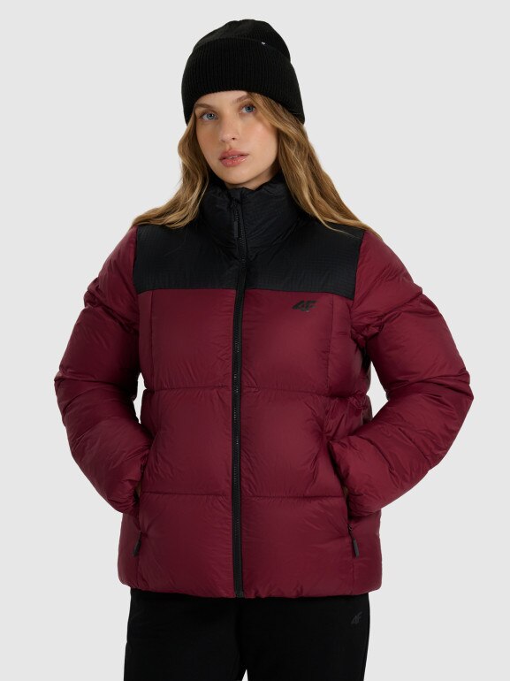 Damska kurtka puchowa pikowana 4F 4FWAW25TDJAF581 - bordowa