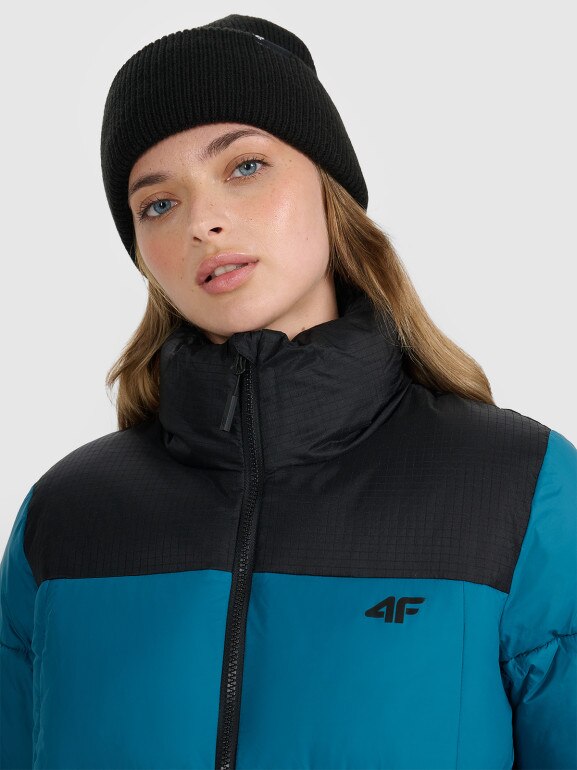 Damska kurtka puchowa pikowana 4F 4FWAW25TDJAF581 - turkusowa