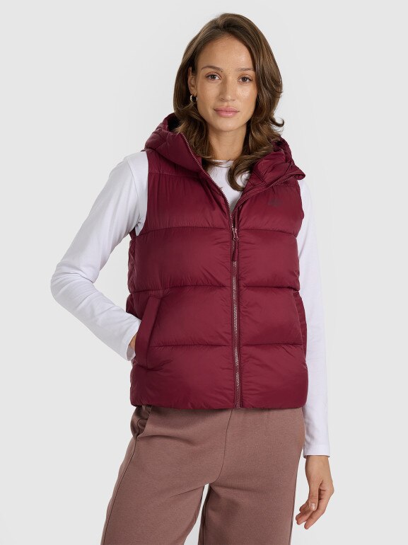 Damski bezrękawnik puchowy pikowany z kapturem 4F 4FRAW25TVJAF326 - bordowy