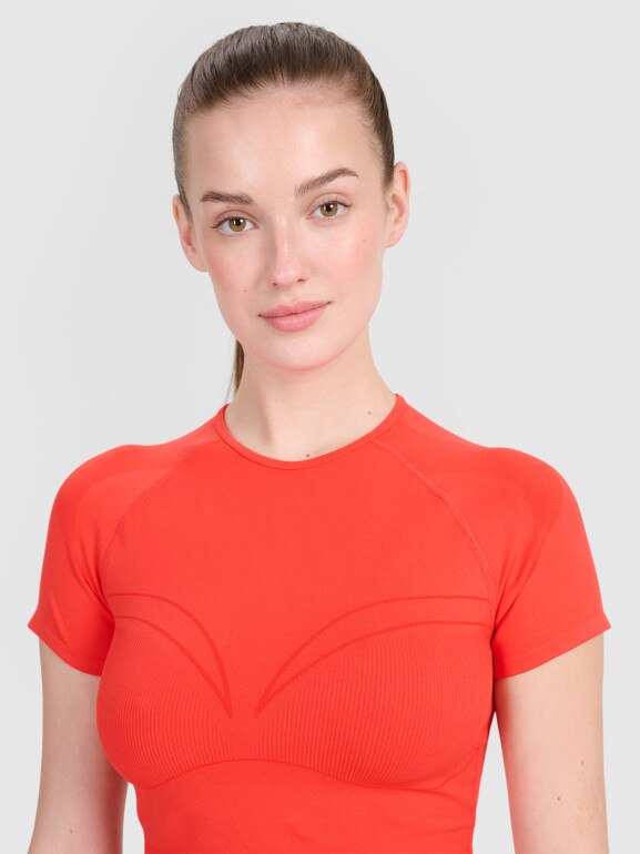 Damski crop top treningowy 4F 4FRSS25TFTSF1757 - pomarańczowy