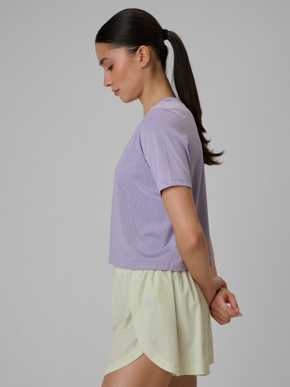 Damski crop top treningowy 4F 4FWSS26TFTSF1806 - fioletowy