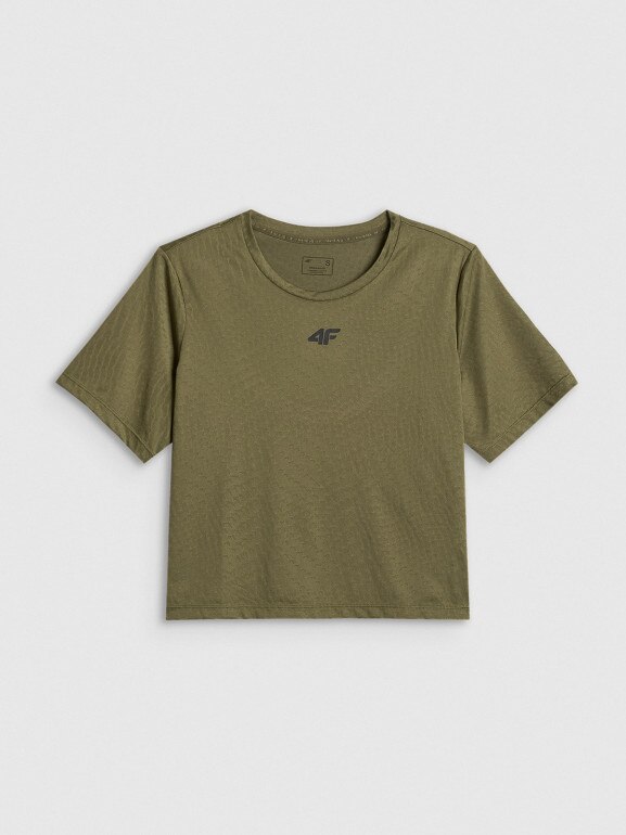 Damski crop top treningowy 4F 4FWSS26TFTSF1806 - khaki