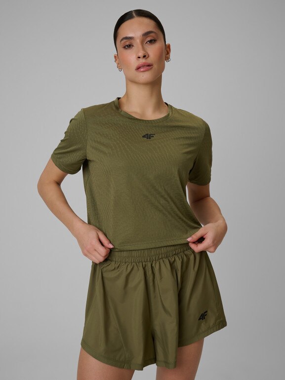 Damski crop top treningowy 4F 4FWSS26TFTSF1806 - khaki