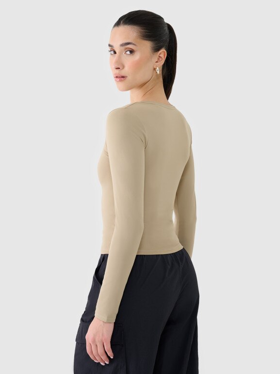 Damski longsleeve basic 4F 4FRSS25TLONF511 - beżowy