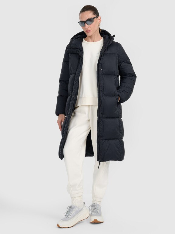 Damski płaszcz puchowy pikowany 4F 4FWAW25TDJAF586 - czarny