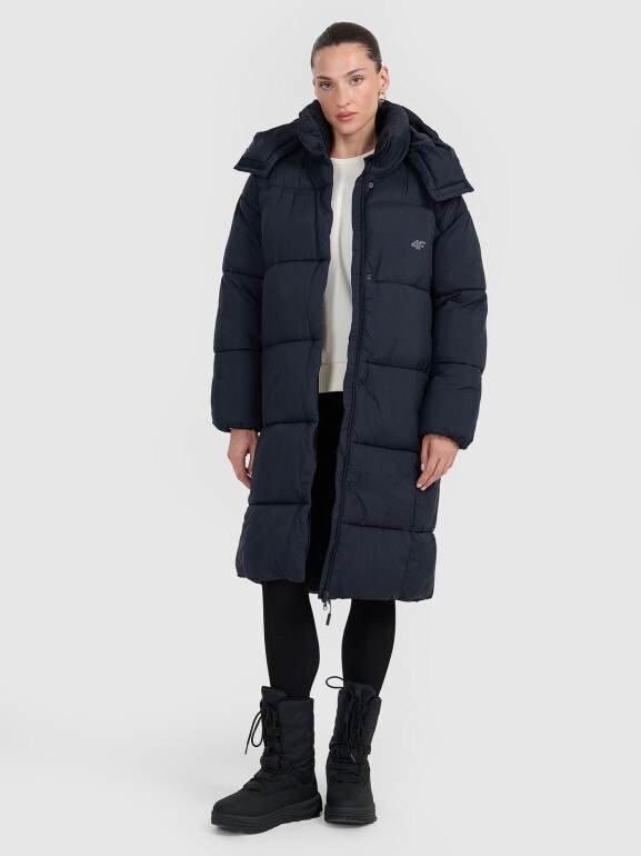 Damski płaszcz puchowy syntetyczny 4F 4FWAW25TDJAF588 - czarny