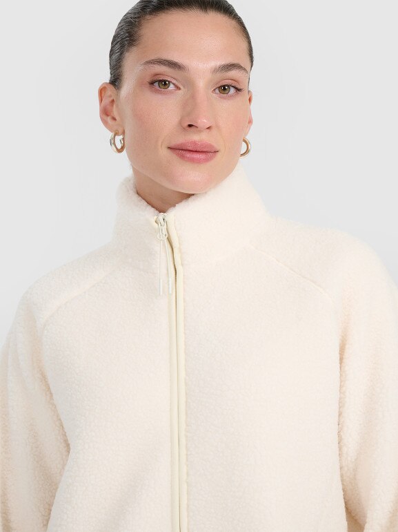 Damski polar szerpa rozpinany bez kaptura 4F 4FWAW25TFLEF328 - biały