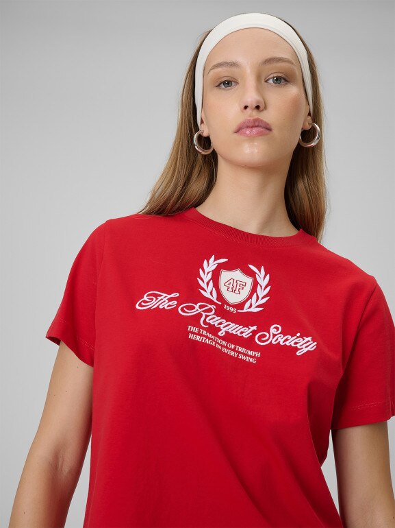 Damski t-shirt boxy z nadrukiem 4F 4FWSS26TTSHF2738 - czerwony