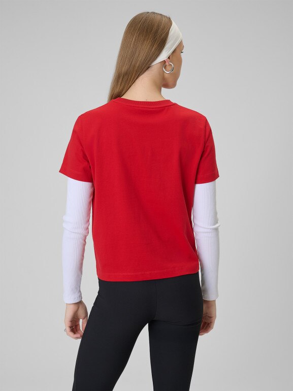 Damski t-shirt boxy z nadrukiem 4F 4FWSS26TTSHF2738 - czerwony