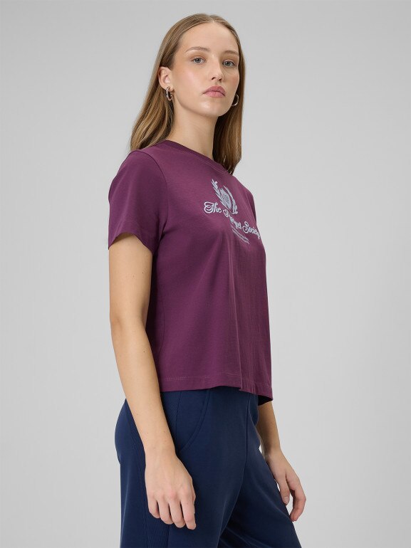 Damski t-shirt boxy z nadrukiem 4F 4FWSS26TTSHF2738 - burgundowy