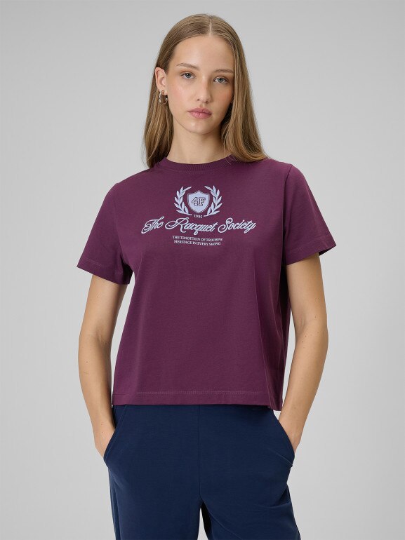 Damski t-shirt boxy z nadrukiem 4F 4FWSS26TTSHF2738 - burgundowy