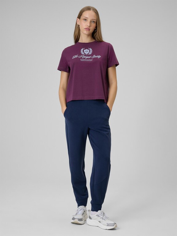 Damski t-shirt boxy z nadrukiem 4F 4FWSS26TTSHF2738 - burgundowy